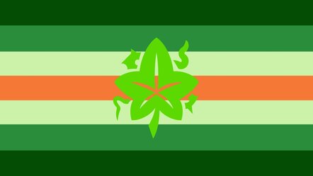 Flag with 7 horizontal stripes with the middle being orange and the stripes on each side going outward being very pale green, green, and dark green. There is a lime green ivy leaf in the middle of the flag. 
