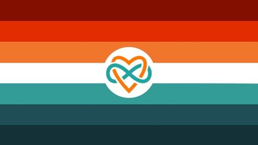 flag with 7 horizontal stripes from top to bottom being dark red, red, orange, white, teal, dark teal, and very dark teal. there is a small white circle in the center with an orange heart in it with a teal infinity sign intertwined with the heart without directly touching it. 