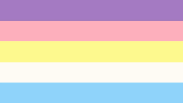 flag with 5 horizontal stripes being purple, baby pink, yellow, white, and baby blue