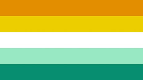 flag with 5 horizontal stripes being dark teal, mint, white, yellow, and orange