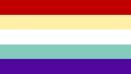 flag with 5 horizontal stripes being red, pale yellow, white, pale green, and indigo 