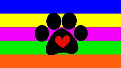flag with 5 horizontal stripes all with bright colors in the color order of blue, yellow, purpleish pink, green, and orange with a puppy paw print on top in black with a red heart in the center of the main pad