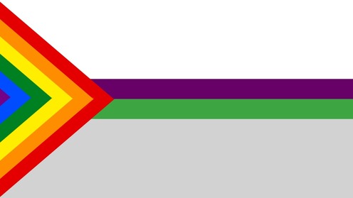 demiaroace flag with the triangle being the rainbow flag going upward into a triangle shape