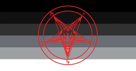 flag with 6 horizontal stripes with the top being black and the bottom being white, the middle stripes from top to bottom are shades of dark grey going to shades of light grey. There is a red pentagram (aka upside down pentacle) symbol on top of the flag with the shape of it being the head of Bathomet 