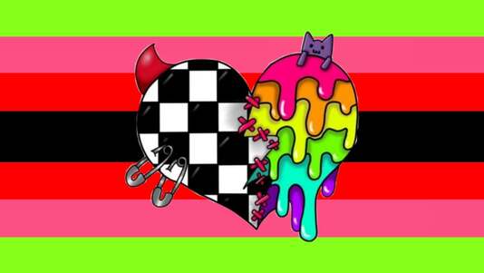 Flag with 7 horizontal stripes. The middle stripe is slightly bigger than the rest and black. On each side going outwards the stripe colors are red, pink, and green. There is a sticker in the middle of the flag of a heart that is stitched in the middle with two different designs on each side. The left is black and white checkered with a red horn at the top and two safety pins attached at the bottom and the right is a dripping rainbow with a cat peeking over at the top. 