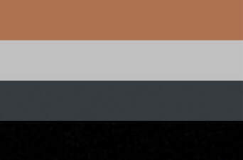 A flag with 4 horizontal stripes in the order of light brown, light grey, dark grey, and black. 