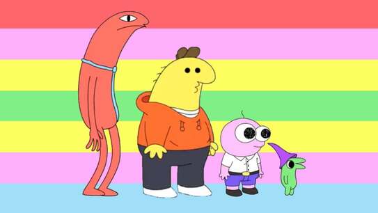 flag with 7 horizontal stripes in the color order of light red, pinkish purple, yellow, green, yellow, pinkish purple, and light blue. From left to right on the flag is Alan, Charlie, Pim, and Glep. 