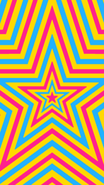 star flag edit with the original pan flag. There is a tiny star in the middle that is bright pink, and then there are stars bordering it going outward in the colors corresponding to the original pan flag stripes. There is an extra yellow stripe in between where the flag ends and re-starts. 