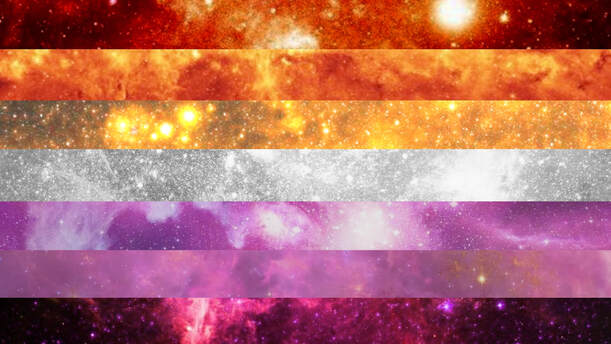 7 stripe sunset lesbian flag made from photos of space/galaxies corresponding to each appropriate color