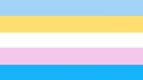 flag with 5 horizontal stripes. the color order from top to bottom are pale powder blue, yellow, white, pale baby pink, and baby blue. 