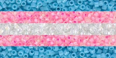 trans flag with each stripe being replaced by a close up picture of a collection of seed beads with the corresponding stripe color