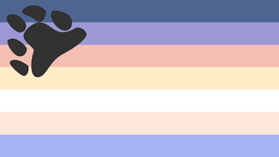 Flag that is sort of toned down or pastel-ish with 7 horizontal stripes, the colors from top to bottom are: dark blue, light purple, baby pink, light yellow, white, very light pink, and periwinkle blue. There is a pale black gay bear symbol in the left upper-hand corner of the flag. 