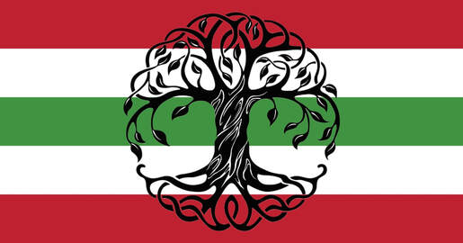 flag with 5 horizontal stripes from top to bottom being red, white, green, white, and red. There is a black celtic tree of life symbol on the flag.