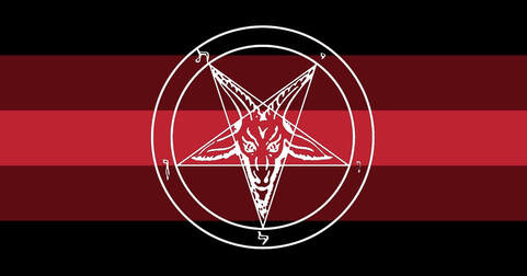 Flag with 5 horizontal stripes in the color order from top to bottom being red, deep red, red, deep red, and black. There is a white pentagram (aka upside down pentacle) on the flag with the shape of it being the head of bathomet. 