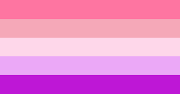 flag with 5 horizontal stripes from top to bottom being bright pink, light pink, dingy lilac, lavender, and purple. 