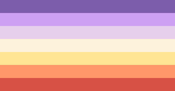 flag with 7 horizontal stripes being dark lavender, lavender, lilac, yellow toned beige, gold, orange, and blood orange. 