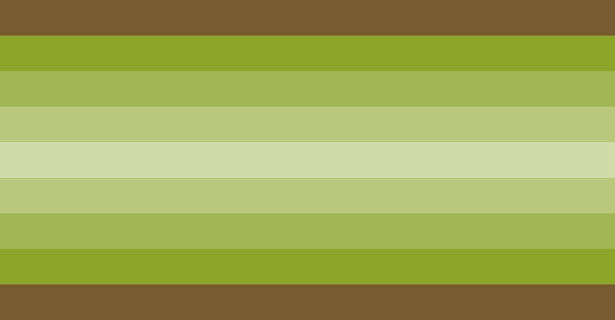 flag with 9 horizontal stripes where the outer stripes are a green toned brown and then the rest of the stripes going inward are moss green tones that are getting lighter towards the very pale moss green center. 