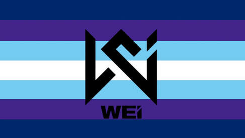 7 horizontal stripe flag with color stripes being dark blue, indigo, sky blue, white, sky blue, indigo, and dark blue. there is a black WEi logo with the text WEi below it in the center. 
