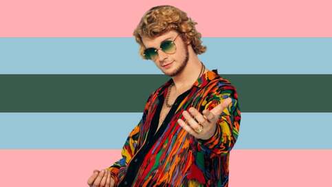 flag with 5 stripes in the color order of baby pink, baby blue, dark green, baby blue, and baby pink. A cutout of yung gravy in dark green to yellow gradient sunglasses and a multicolored button up shirt is on the flag. 