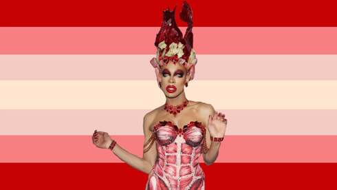 flag with 7 horizontal stripes in the color order of red, blush pink, light pink, tan, light pink, blush pink, and red. There is a cutout of Yvie Oddly on the flag in her grand finale look, which is a dress that looks like exposed muscles with jewels on it and a headpiece. The colors of her entire outfit is similar to the colors on the flag. 