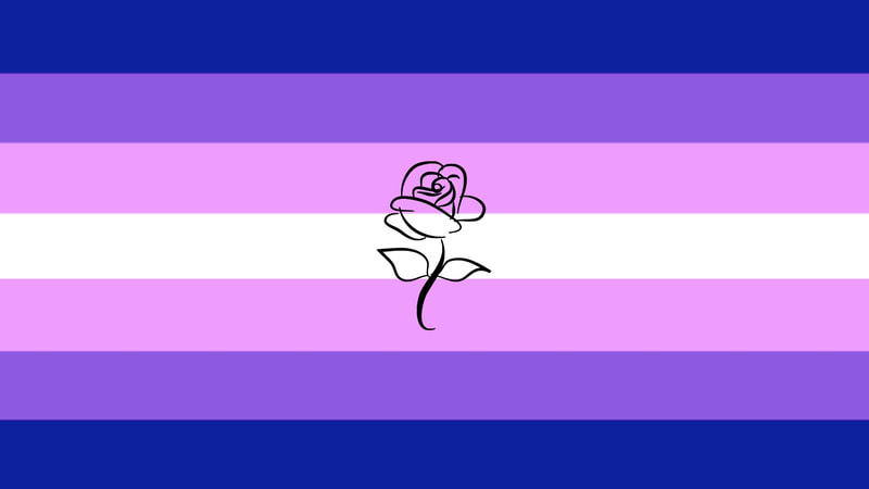 flag with 7 horizontal stripes that is dark blue, muted purple, lilac, white, lilac, muted purple, and dark blue. there is line art of a small black rose with a stem and leaves in the center of the flag.