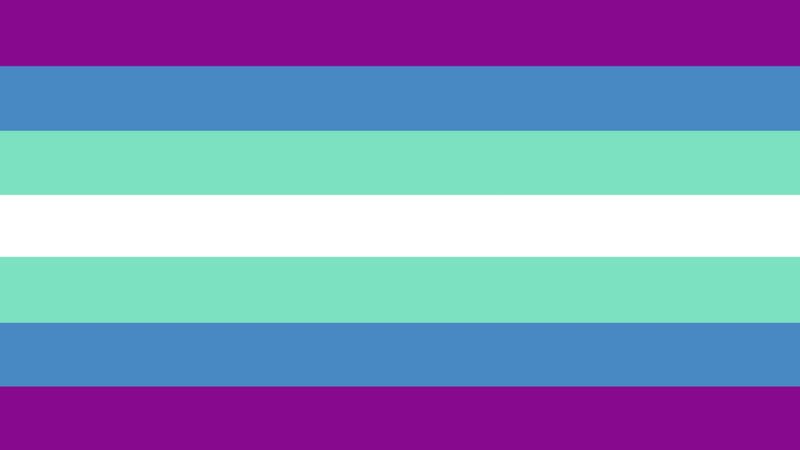 purple, blue, mint, white, mint, blue, and purple flag with no rose symbol