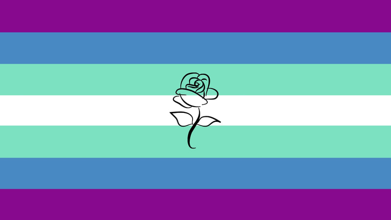 flag with 7 horizontal stripes that is purple, blue, mint, white, mint, blue, and purple. there is line art of a small black rose with a stem and leaves in the center of the flag.