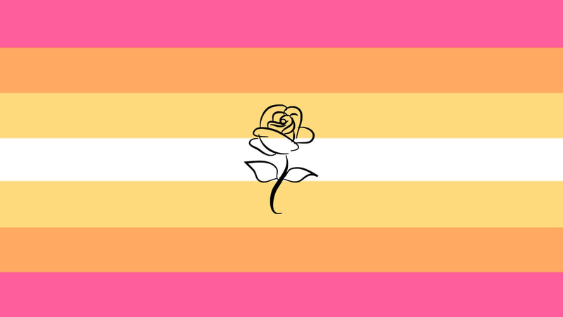 flag with 7 horizontal stripes being pink, orange, gold, white, gold, orange, and pink. there is line art of a small black rose with a stem and leaves in the center of the flag.