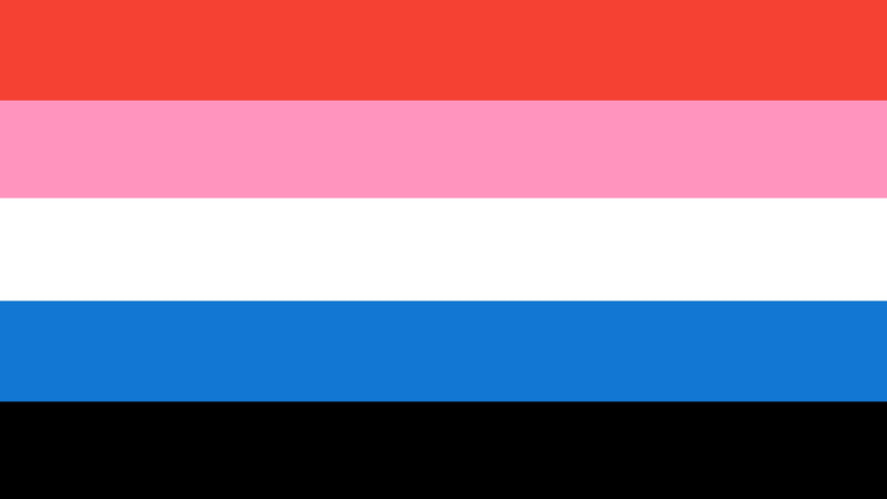 flag with 5 horizontal stripes that are red, pink, white, blue, and black