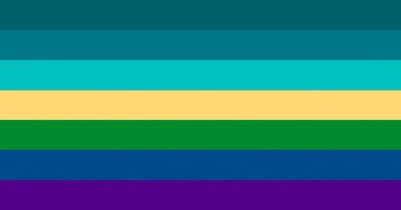 flag with 7 horizontal stripes being dark teal, medium teal, teal, muted yellow, green, dark blue, and royal purple.