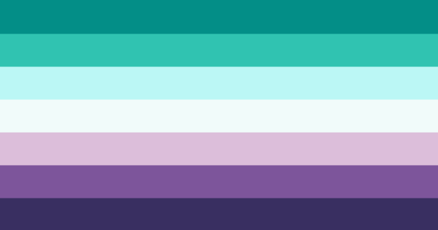 flag with 7 horizontal stripes being dark turquoise, turquoise, pale jade, white toned beige, lavender, light purple, and indigo
