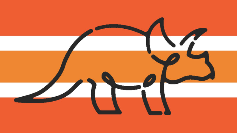 a flag with 5 horizontal stripes with the top stripe being big and dark orange, the 2nd being thin and white, the middle stripe being big and orange, the 4th stripe being thin and white, and the bottom stripe being big and dark orange. There is a light black doodled triceratops on the flag. 