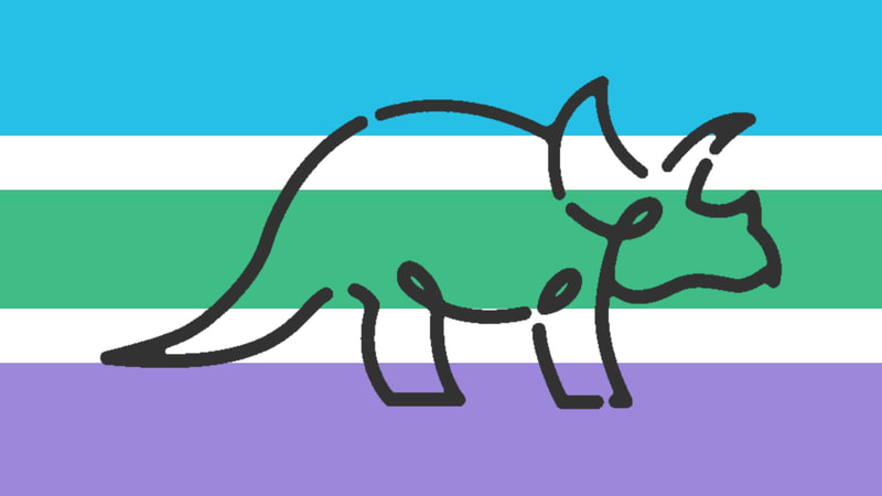 a flag with 5 horizontal stripes with the top stripe being big and sky blue, the 2nd being thin and white, the middle stripe being big and forest green, the 4th stripe being thin and white, and the bottom stripe being big and light purple. There is a light black doodled triceratops on the flag. 