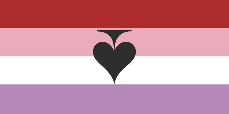 Flag has 4 stripes with the colors from top to bottom being bright red, baby pink, white, and light purple. There is an upside down pale ace of spades symbol on the center of the flag.