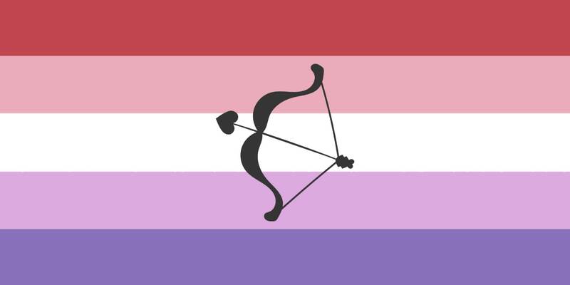 Flag has 5 stripes with the colors from top to bottom being pale red, baby pink, off-tone white, lavender, and blue-toned purple. There is a pale black bow and arrow on the center of the flag that is pointing upwards towards the left