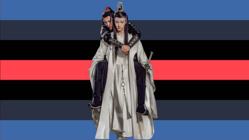 a flag with 7 stripes. The middle stripe is light red. on either side going outward are stripes that are black, medium grey, and dark blue. Lan Wangji is on the flag with Wei Wuxian on his back, Wei Wuxian having his arms wrapped around his neck with his head beside Wangji's.