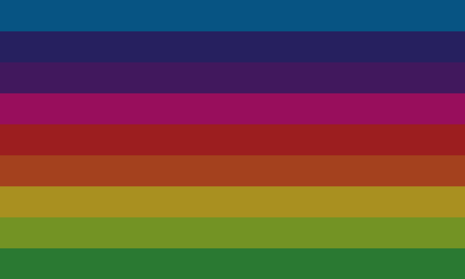 flag with 9 horizontal stripes that are blue, dark blue, magenta, red, dark orange, muddy yellow, grass green, and green