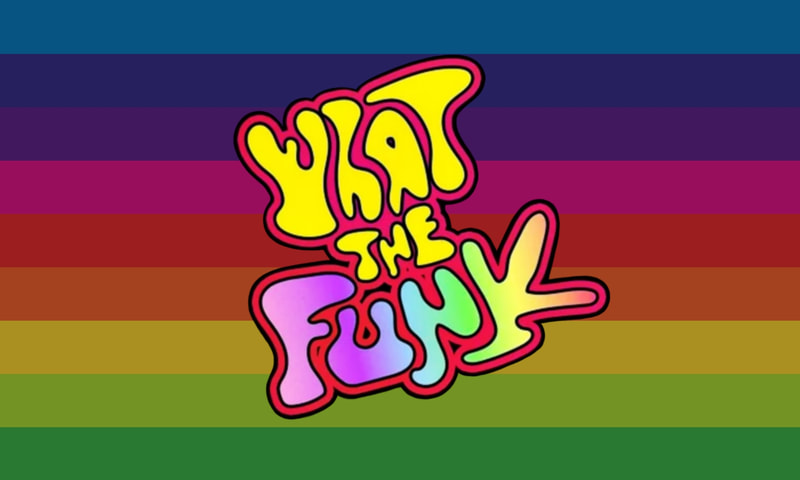 the flag with wavy text over it that says what the funk with the words what the being yellow and funk being blurred vertical rainbow the text has an orange and black outline