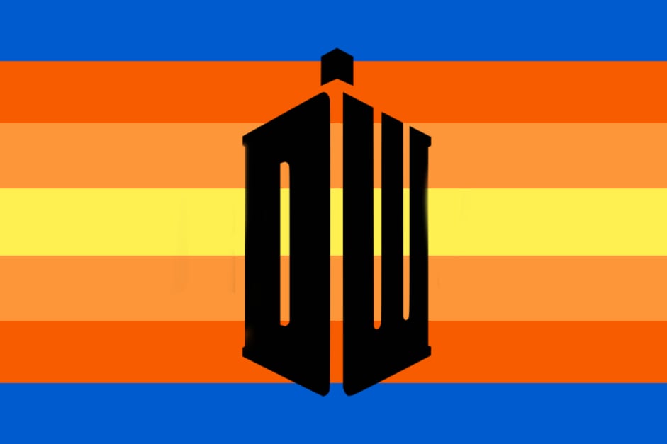 the flag with a doctor who logo on top. The logo is a D and W together to look like the shape of the TARDIS. The logo is black. 