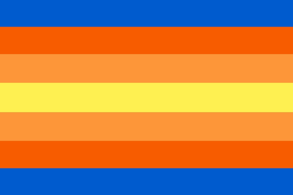 flag with 7 horizontal stripes. the color order is blue, dark orange, light orange, yellow, light orange, dark orange, and blue.